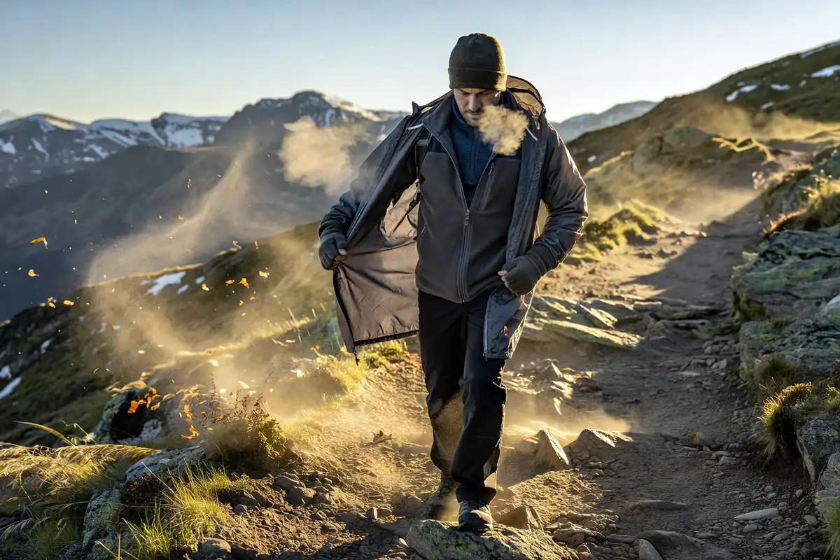 Hiking clothing layering system for cold, windy conditions