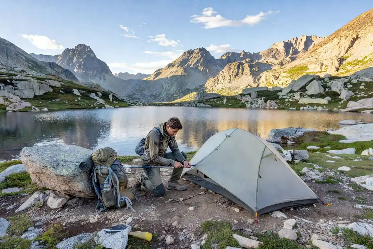 Solo backpacker pitching an ultralight tent near an alpine lake in the backcountry