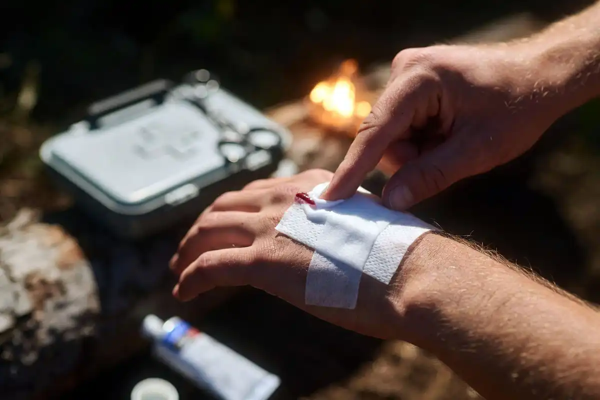 camper covering a small palm cut with pad and medical tape