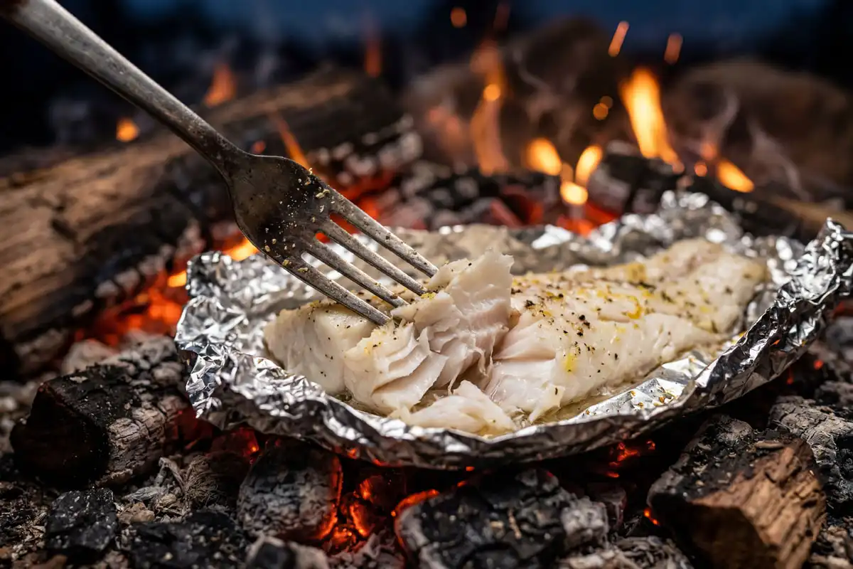 Fork flaking apart opaque white fish flesh to check doneness at camp