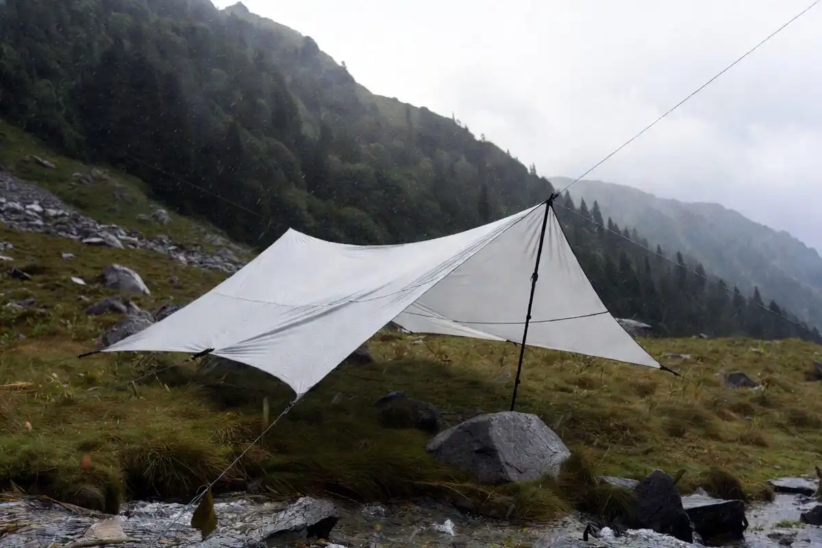 half pyramid tarp pitch with trekking pole support