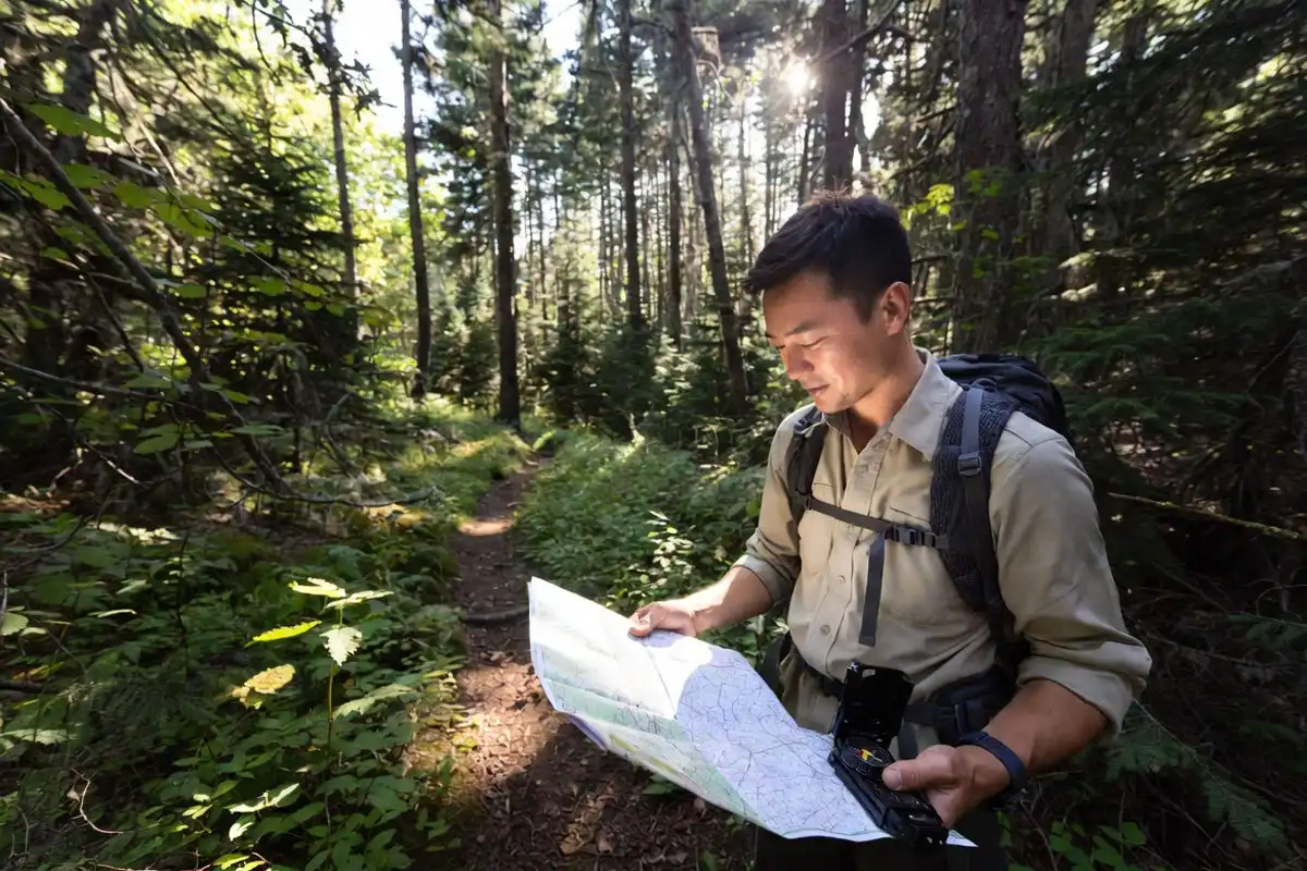 hiker calmly reading topographic map and compass after losing trail in forest