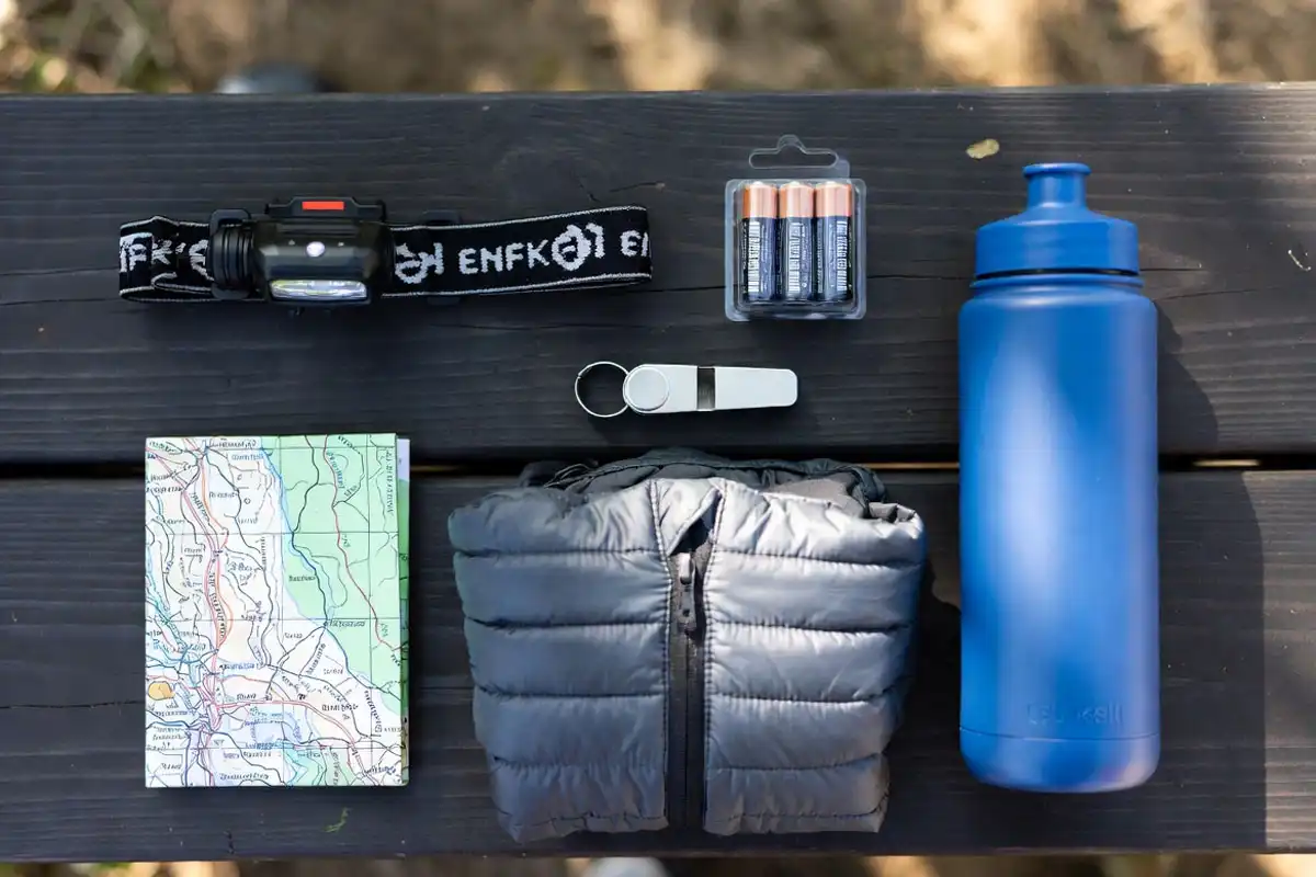 flat lay of night hiking gear including headlamp spare batteries whistle map and insulating layer on wood