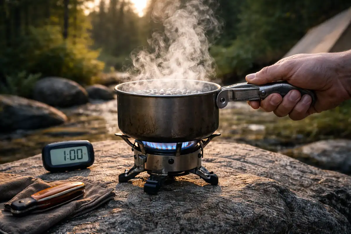rolling boil in titanium pot with one minute timer
