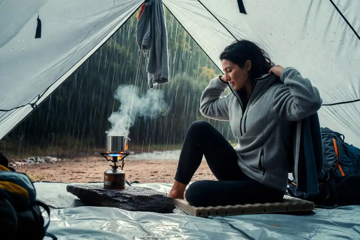 camper changing into dry layer under tarp during rain