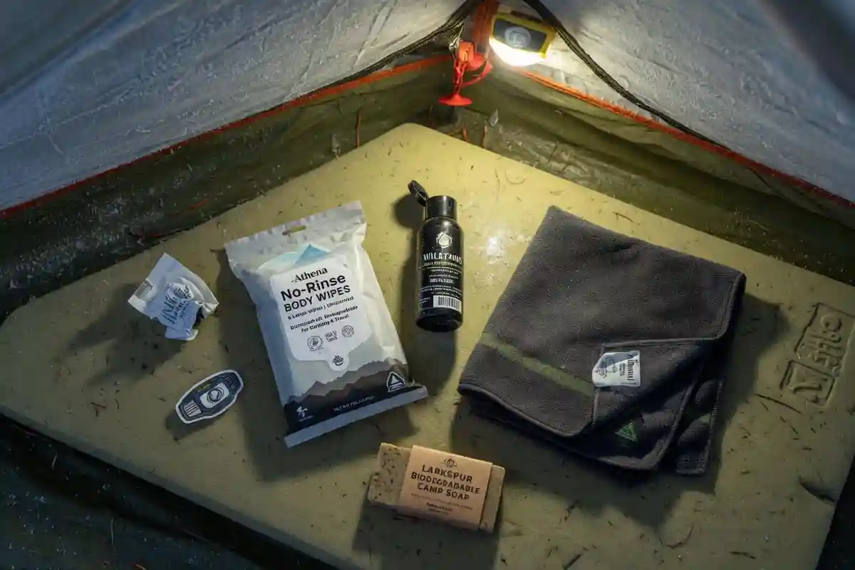 No-rinse body wipes laid out on a sleeping pad inside a winter tent