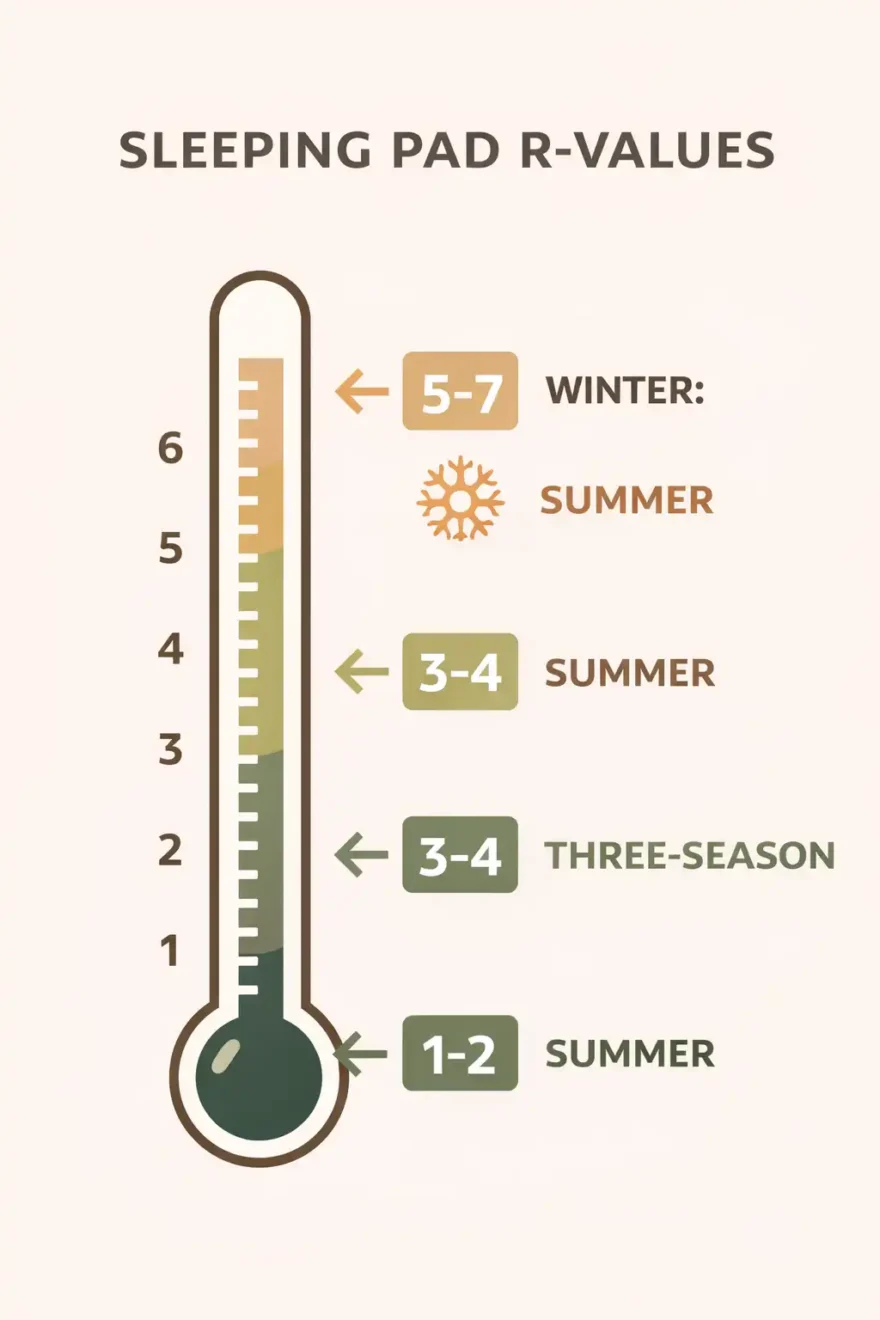 Sleeping pad R-value chart for camping seasons