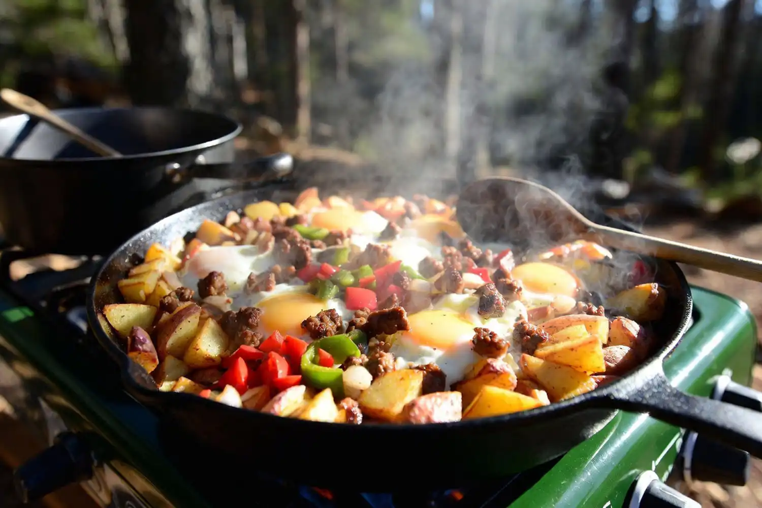 Large cast iron skillet filled with potato sausage pepper hash and eggs cooking over a propane camp stove with steam rising