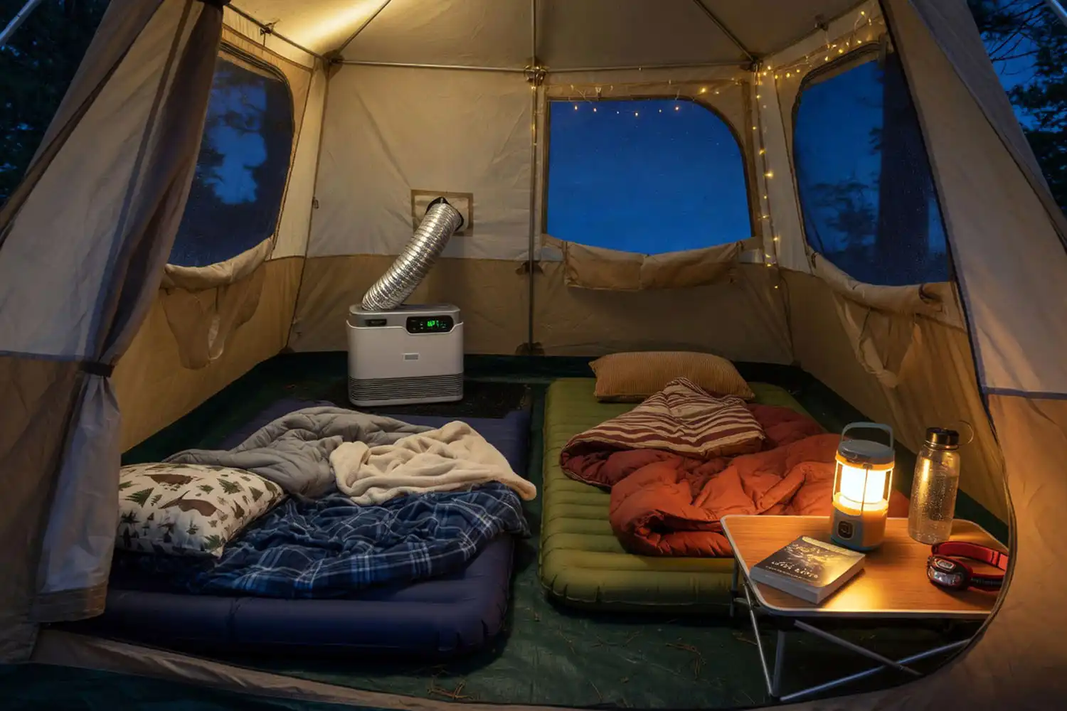 Inside view of a cabin tent at night with a portable air conditioner running and tidy sleeping setup