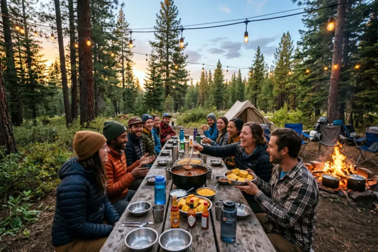 Large group of friends sharing a camping dinner of chili and bread at a long wooden table beside a campfire at golden hour