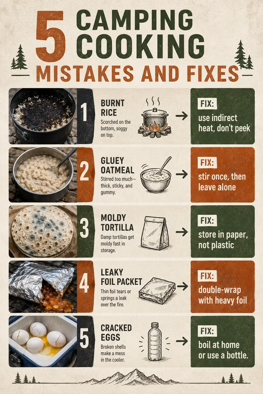 Infographic of five common camping cooking mistakes such as burned rice, gummy oatmeal, and moldy tortillas, each paired with a quick fix