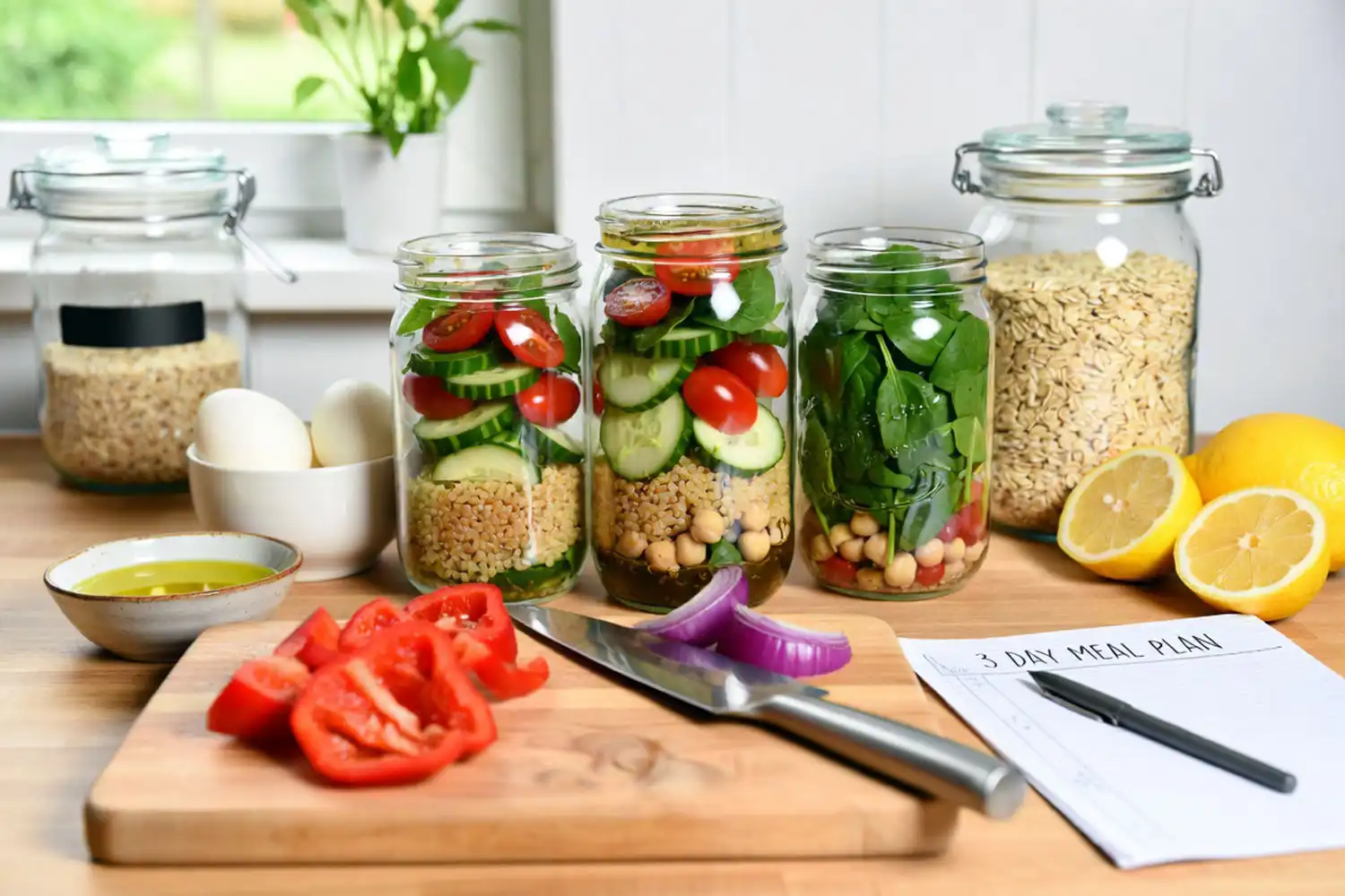 Home kitchen counter showing mason jar salads being assembled alongside chopped vegetables, hard-boiled eggs, cooked quinoa, and a handwritten camping meal plan