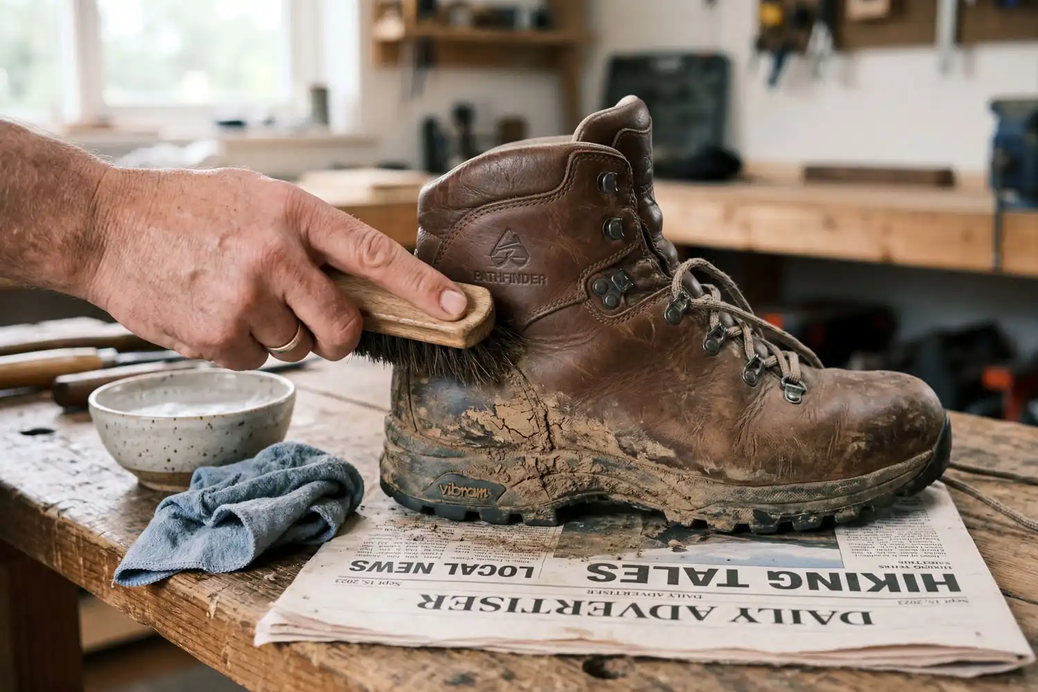 Soft bristle brush cleaning dried mud off the side of a leather hiking boot
