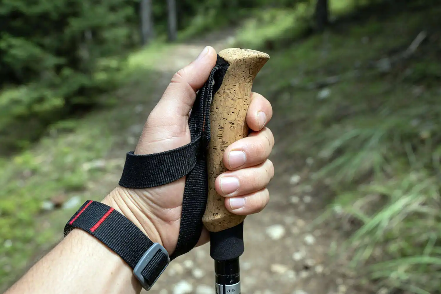The correct way to thread the wrist strap and grip a hiking pole