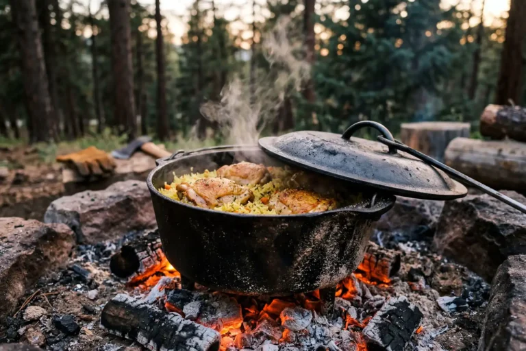 Cast iron dutch oven simmering chicken and rice on glowing campfire coals at a forest campsite