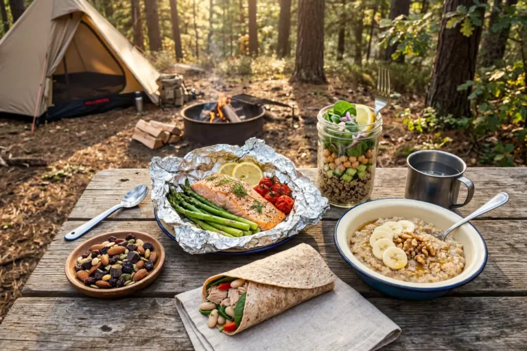healthy camping meal spread with foil packet salmon, mason jar quinoa salad, oatmeal with banana, and trail mix on a wooden picnic table at a forest campsite