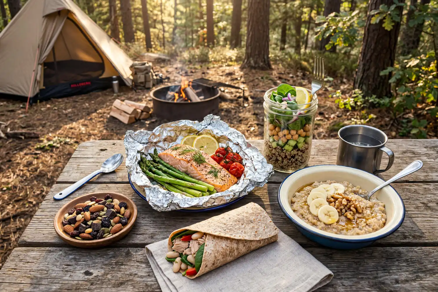 healthy camping meal spread with foil packet salmon, mason jar quinoa salad, oatmeal with banana, and trail mix on a wooden picnic table at a forest campsite