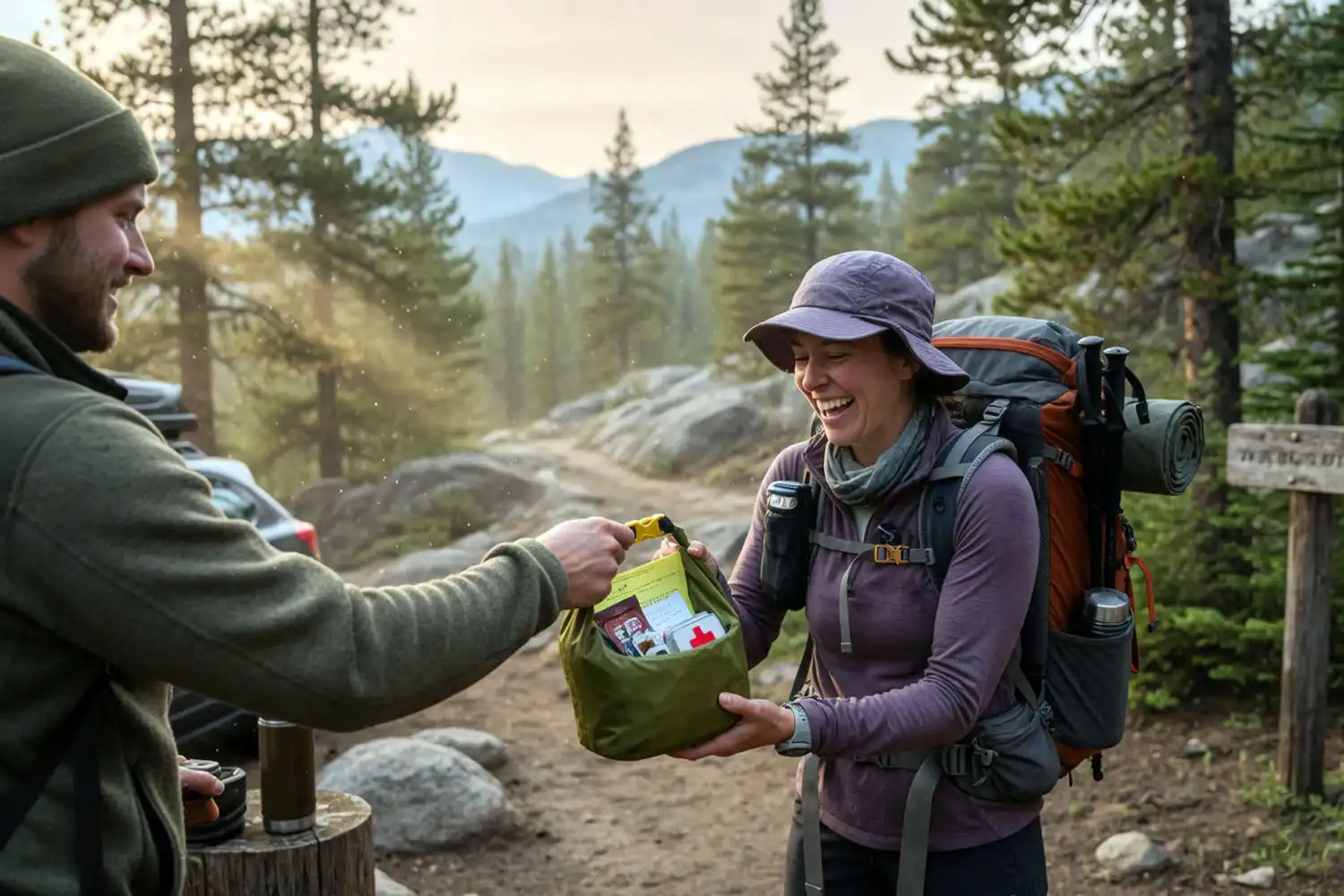 A friend handing a small dry bag care package to a hiker at a forested trailhead before a backpacking trip