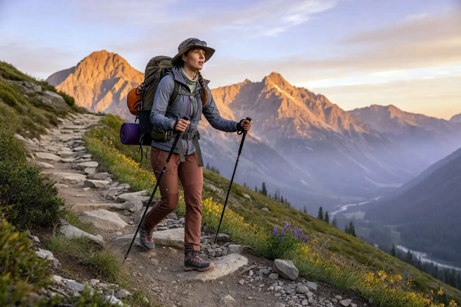 Solo hiker using trekking poles on a steep alpine trail showing full body muscle engagement
