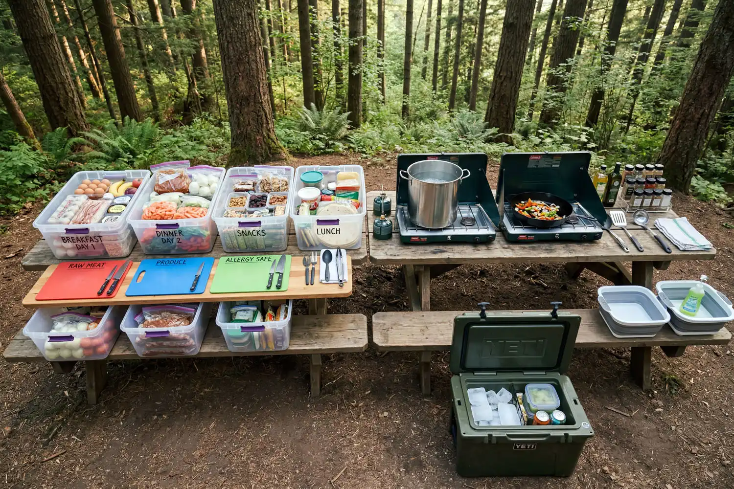 Camp kitchen prep table with labeled meal bins, cutting boards, two propane stoves, and a large stockpot ready for cooking a group meal