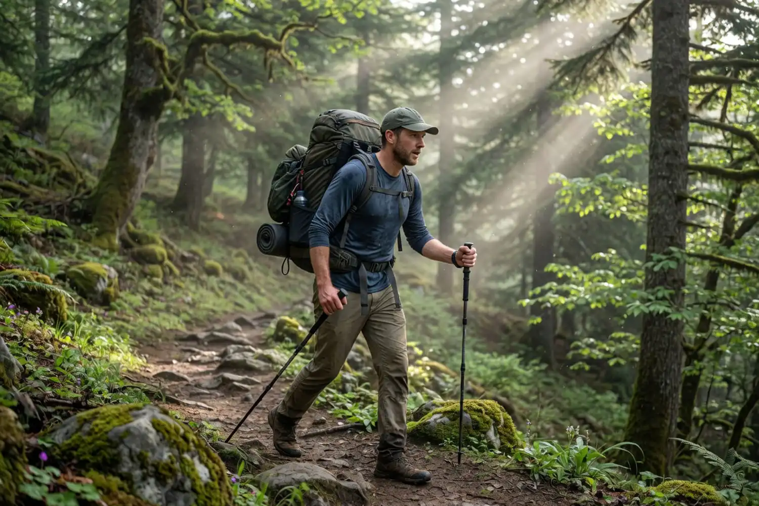 Hiker carrying a loaded backpack on a forest trail showing posture and core engagement