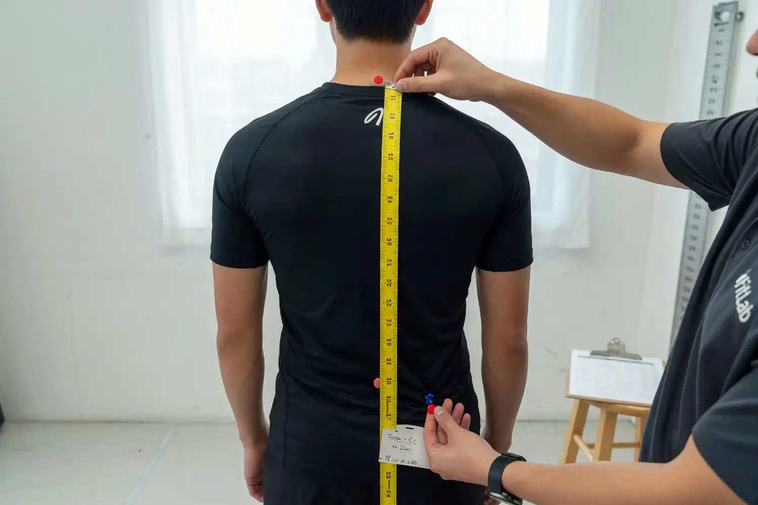Person using a soft measuring tape to measure torso length from C7 vertebra to iliac crest for proper backpack sizing