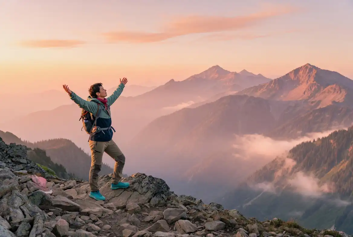 Hiker standing at the edge of a forested ridge looking out over layered mountain peaks at sunrise