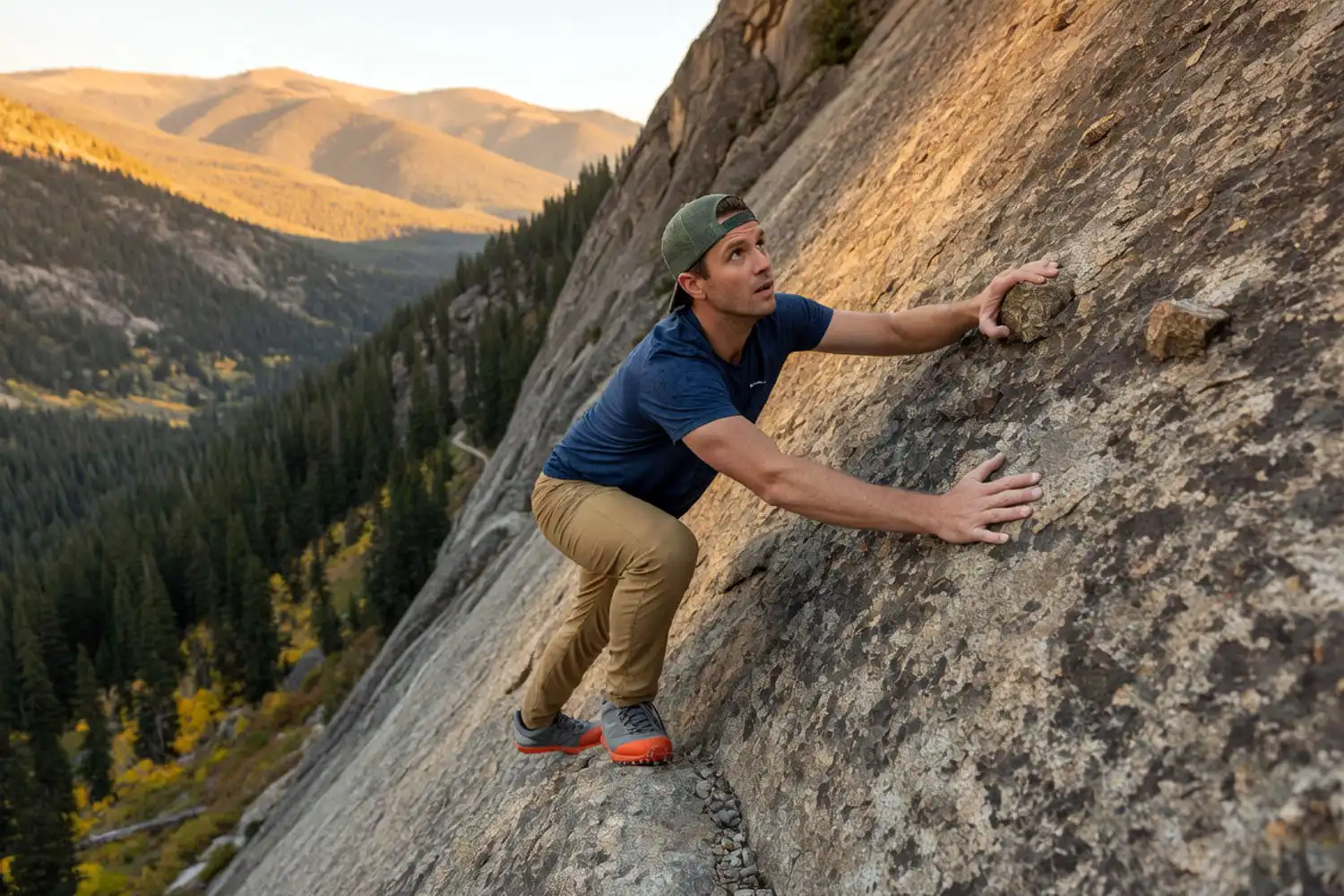 Hiker carefully climbing a rocky Class 3 scramble section with hands gripping a granite ledge above a forested valley