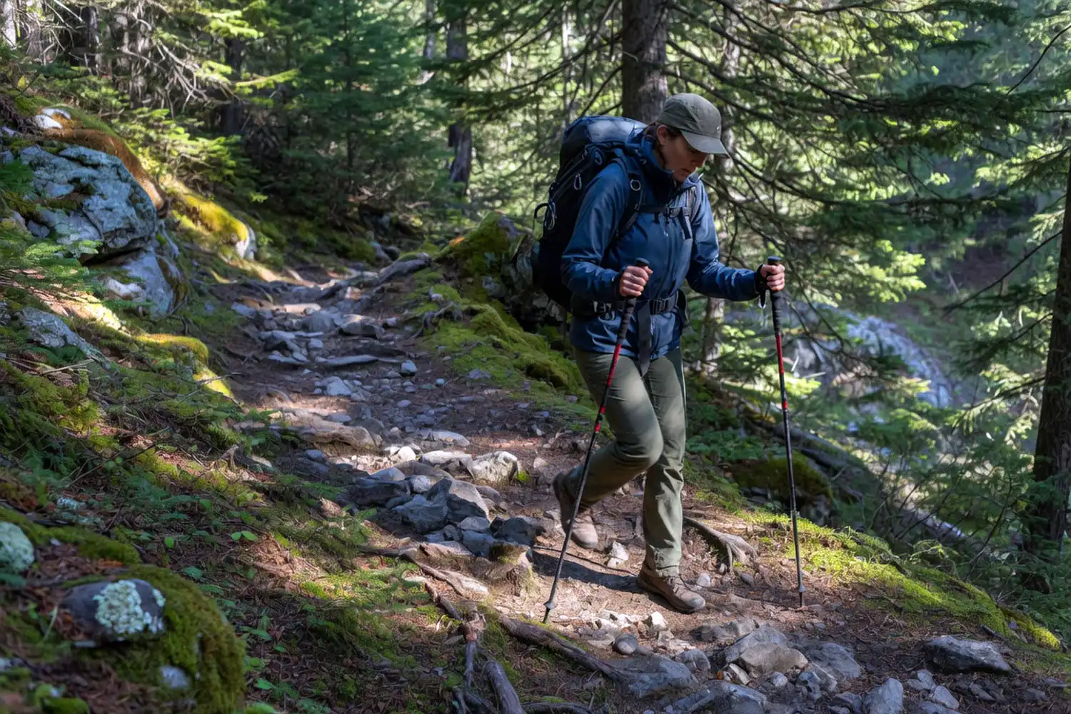 Hiker descending a steep rocky forest trail using two hiking poles planted ahead for balance and knee support