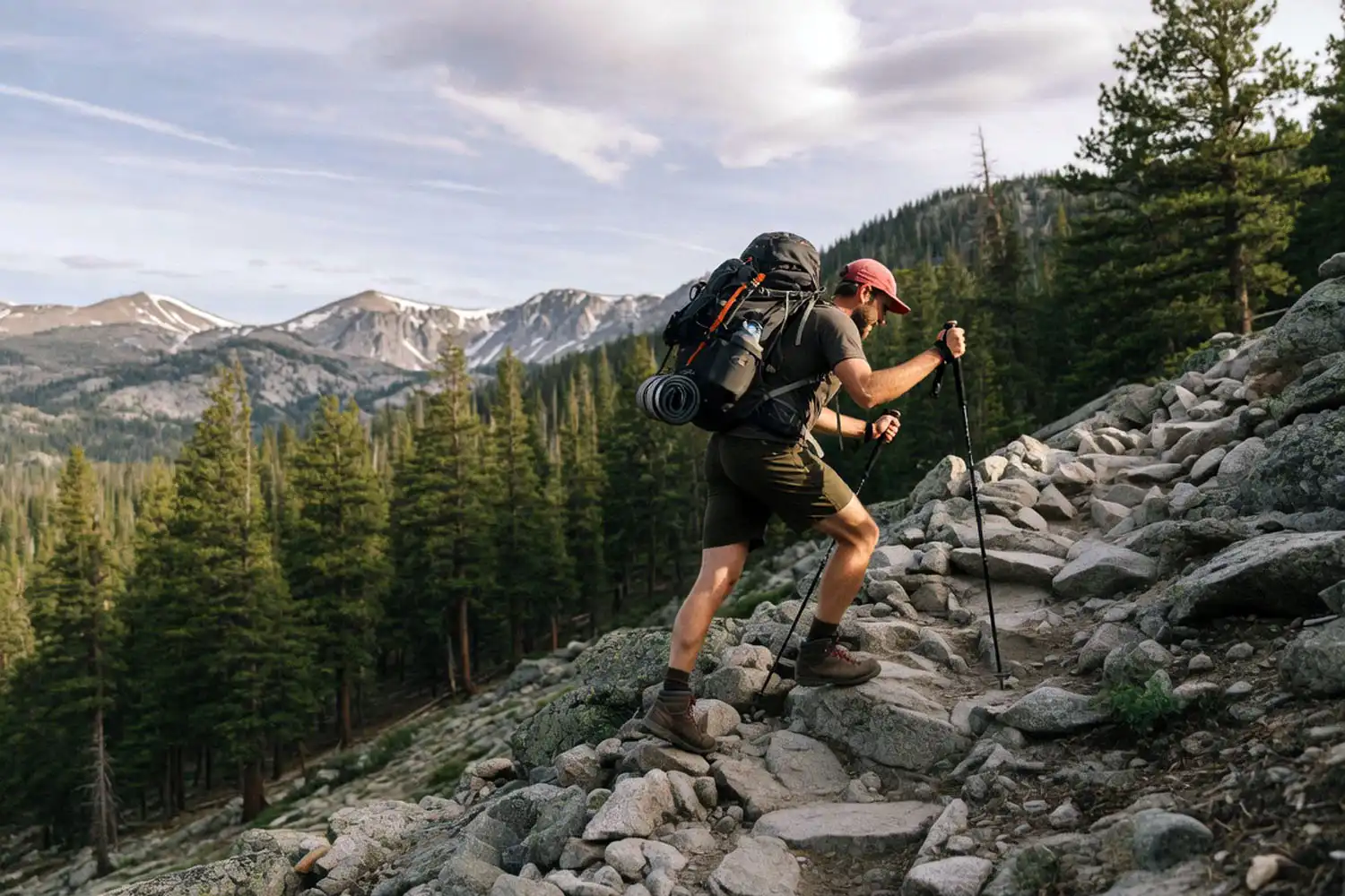 Hiker carrying a loaded backpack on a rocky uphill trail to build leg muscle