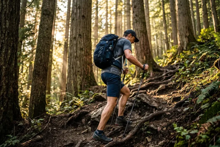 Hiker climbing forested trail with daypack for weight loss feature