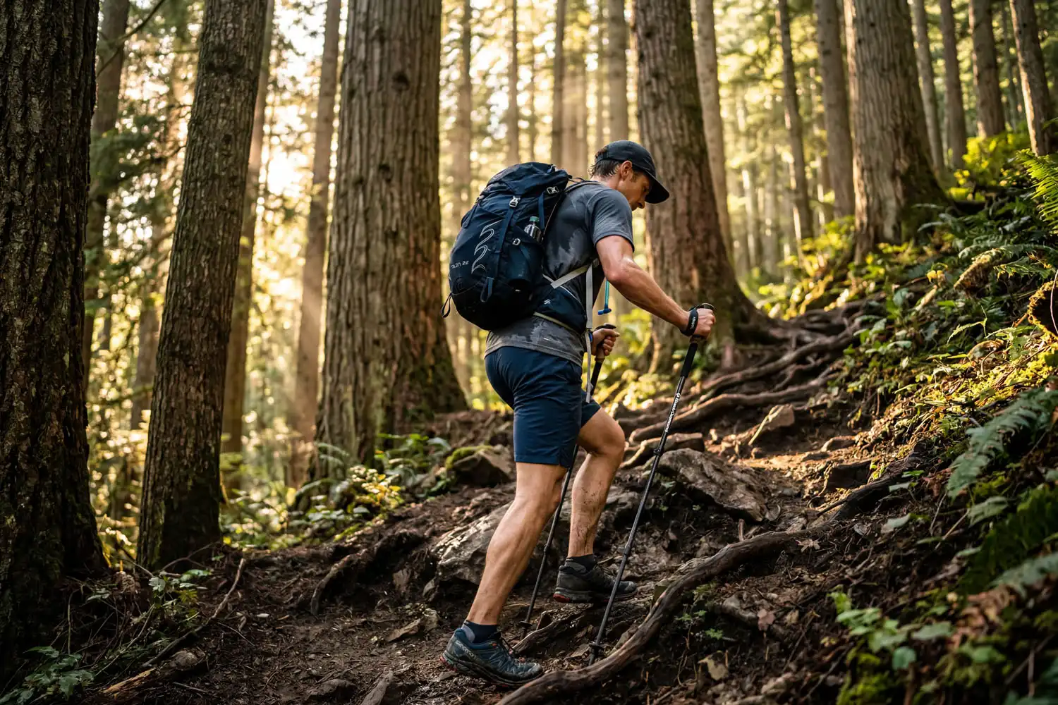 Hiker climbing forested trail with daypack for weight loss feature
