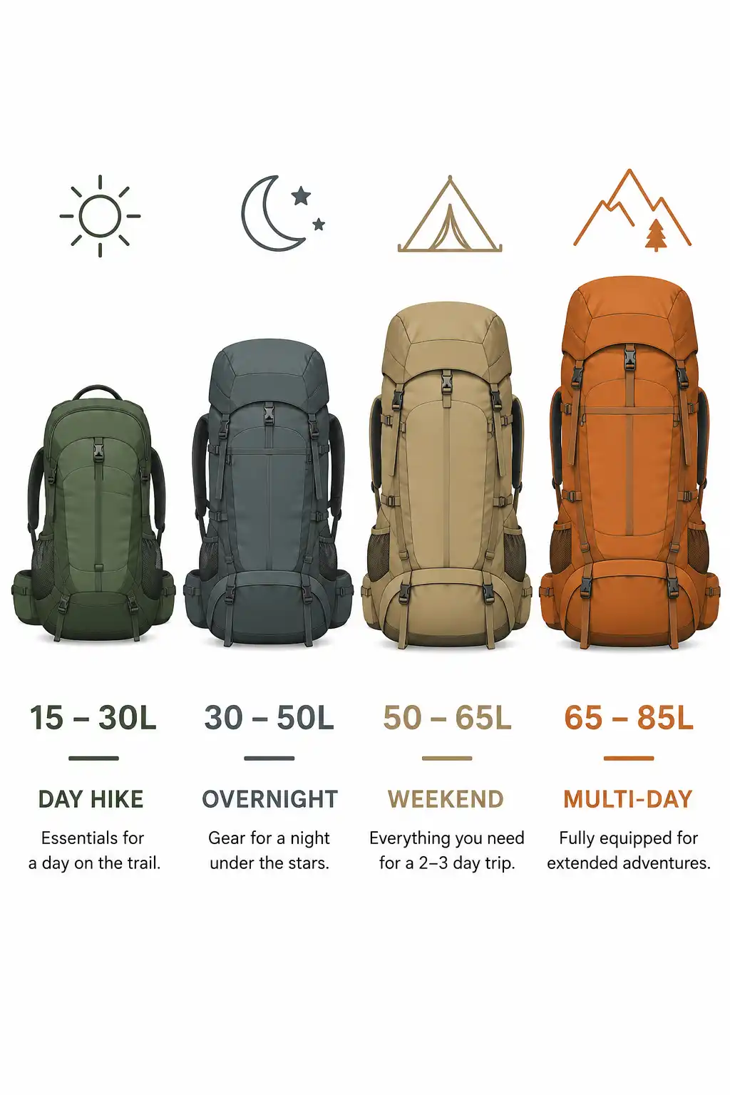 Infographic comparing hiking backpack capacity sizes from daypack to multi-day pack in liters