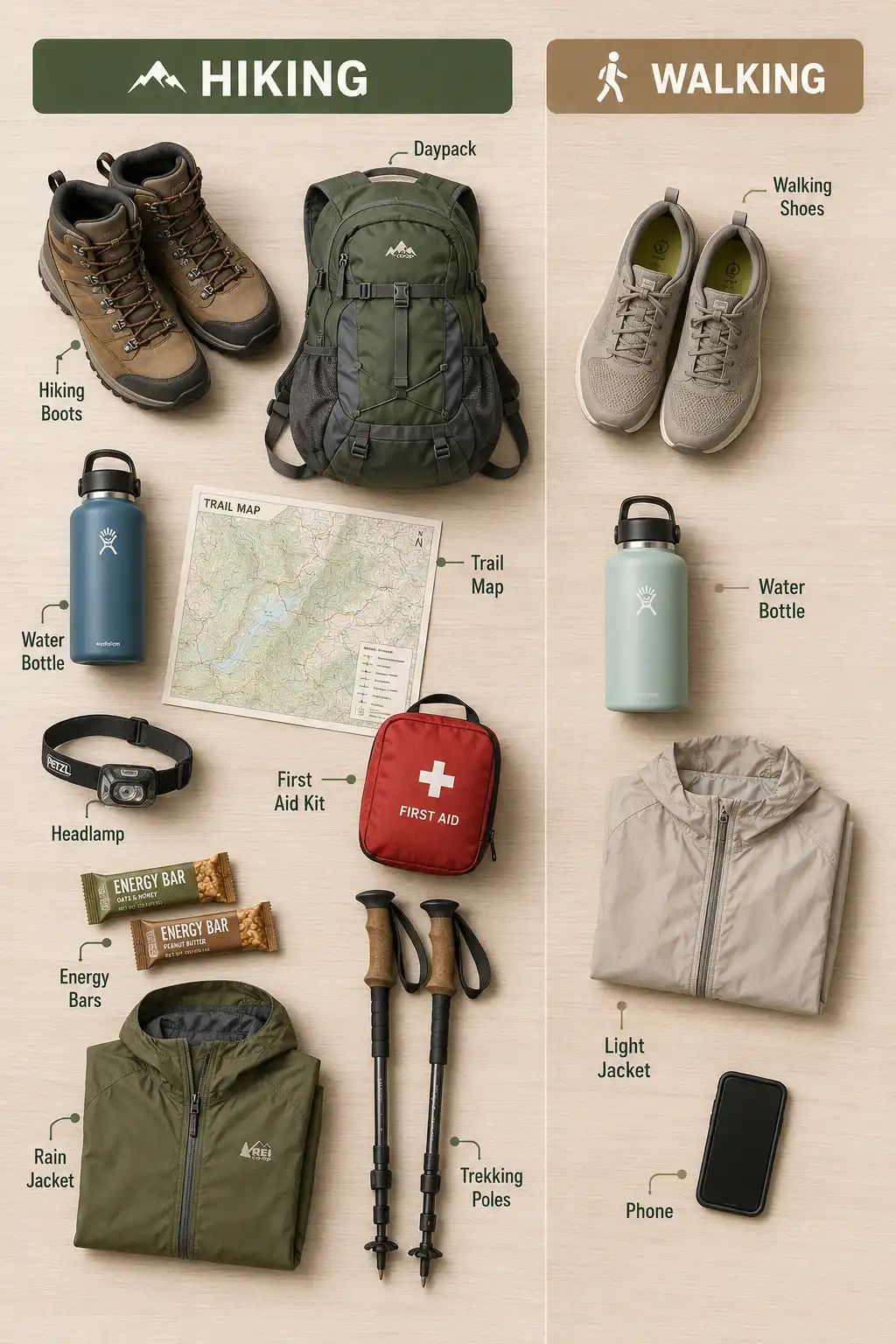 Flat lay infographic comparing essential hiking gear with simple walking gear side by side