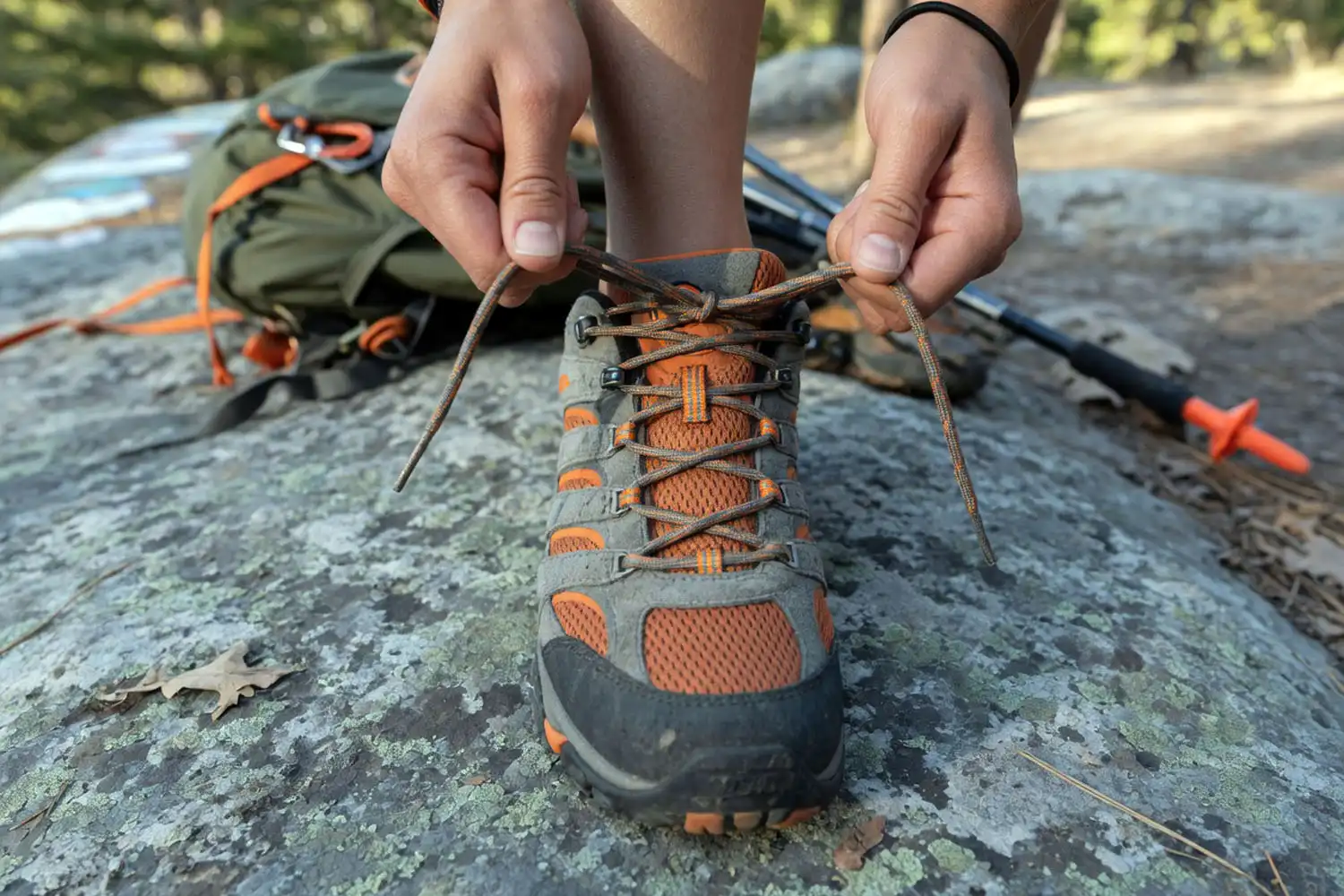 Hiker tying a hiking shoe with firmer lacing across the upper ankle section to lock the heel for downhill hiking