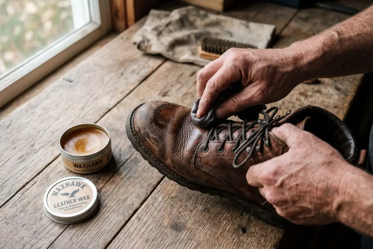 Hiker applying waterproofing wax to leather hiking boots