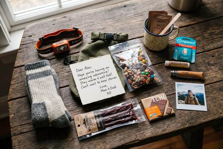 A thoughtful camp care package with snacks, headlamp, wool socks, and a handwritten note arranged on a wooden table