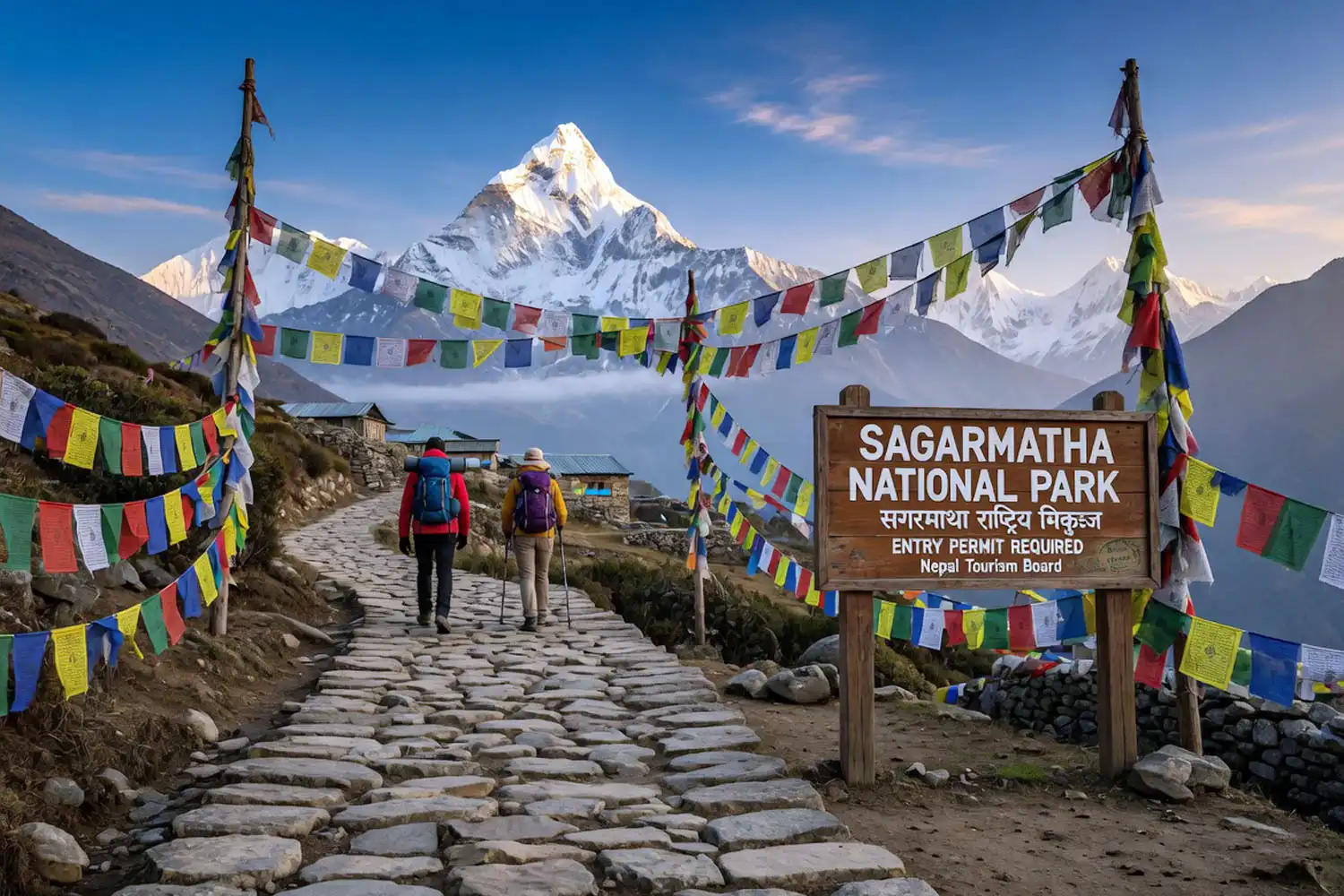 Stone trail in the Khumbu region with a permit checkpoint signboard and colorful prayer flags strung between two wooden posts