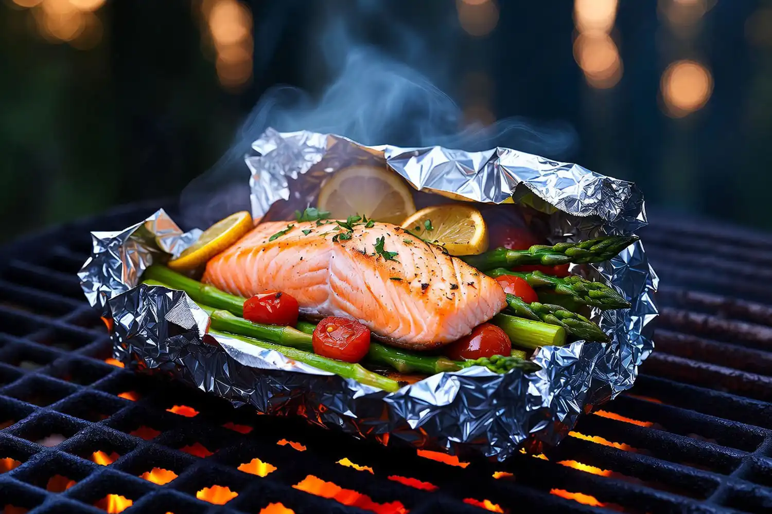 Opened heavy-duty foil packet revealing perfectly cooked salmon with asparagus, cherry tomatoes, and lemon resting on a black grate above glowing campfire coals