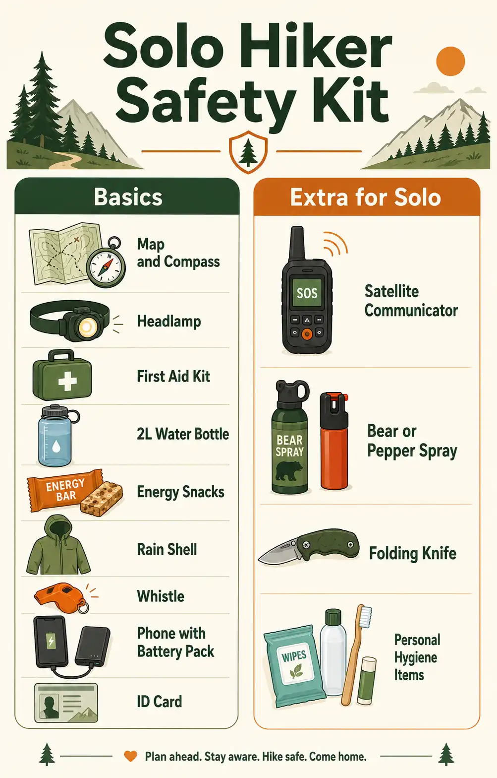 Infographic of essential gear for women hiking alone including satellite communicator whistle headlamp and first aid kit