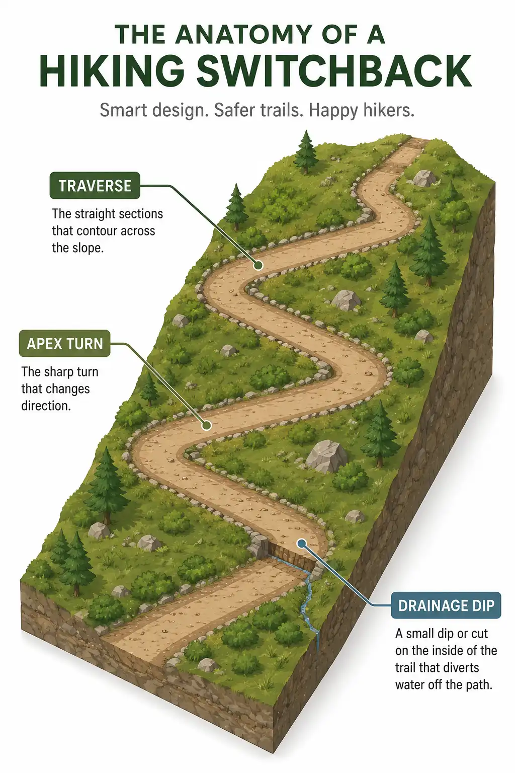 Infographic of the parts of a hiking switchback including traverse legs, apex turn, and drainage dip