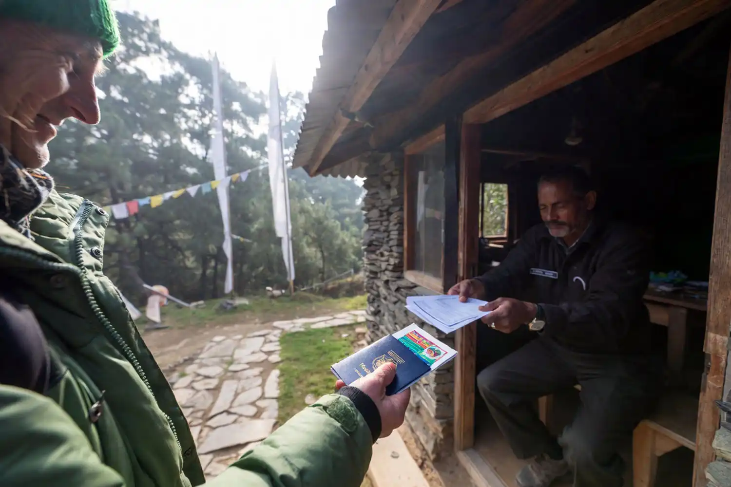 Foreign trekker handing over passport and Sagarmatha National Park permit to a ranger at the Monjo entrance checkpoint