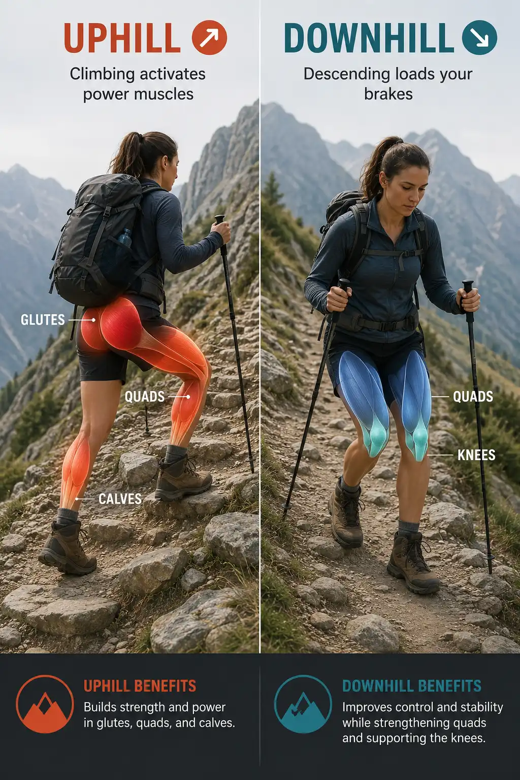 Side by side comparison infographic showing muscles engaged during uphill and downhill hiking