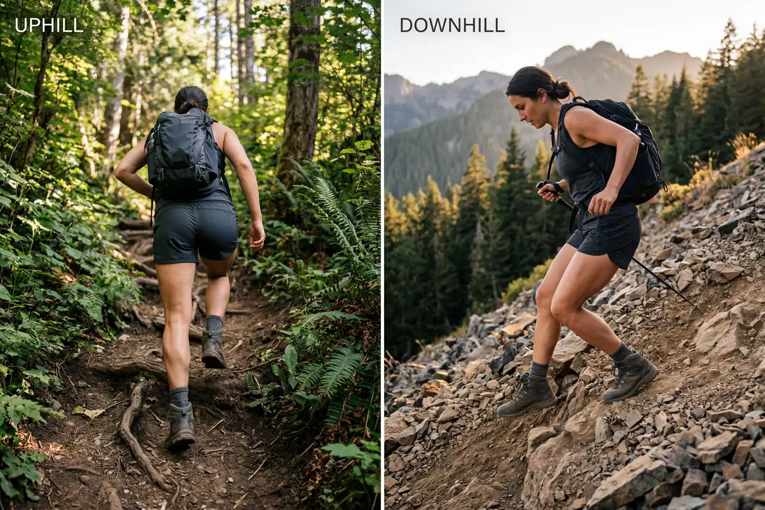 Split image comparing uphill concentric and downhill eccentric muscle work in hiking
