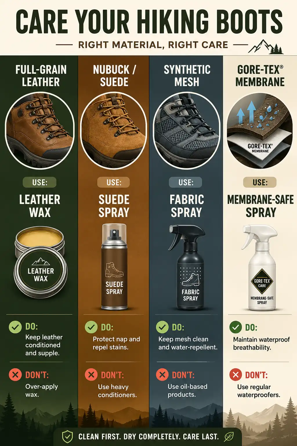 Infographic of comparing waterproofing product types for leather suede synthetic and Gore-Tex hiking boots