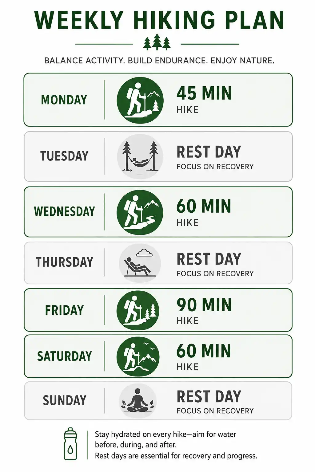 Weekly hiking schedule infographic showing recommended hike days, durations, and rest days for fat loss