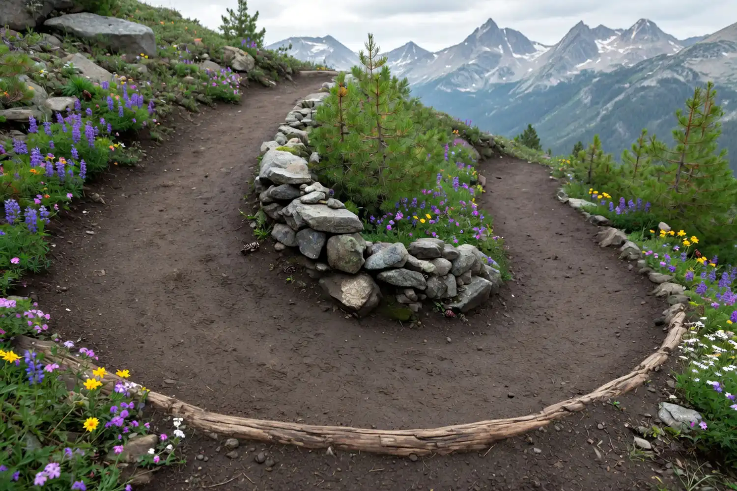 Reinforced switchback apex turn with a low rock wall and outsloped dirt tread on a mountain trail