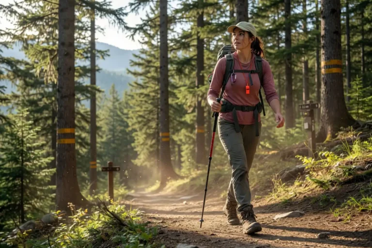Woman in hiking gear walking confidently alone on a sunlit forested mountain trail with backpack and trekking poles