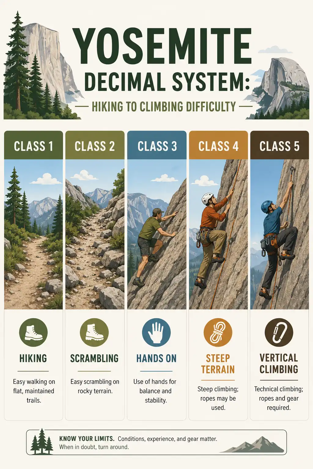 Infographic of the Yosemite Decimal System classes from Class 1 walking to Class 5 technical climbing with terrain illustrations