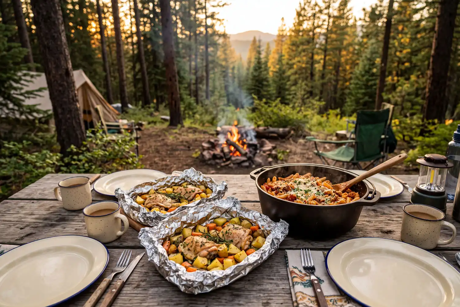 Family camping meal of opened foil packet chicken with vegetables next to a cast iron pot of sausage tomato pasta on a wooden picnic table by a campfire at dusk